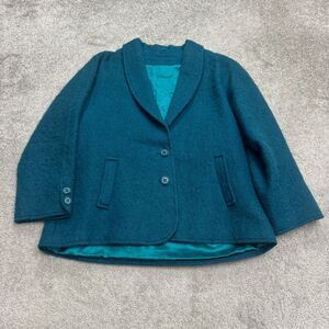 Vintage 80s Fuzzy Boiled Wool Blazer Jacket Womens Large Teal Blue Shawl Collar